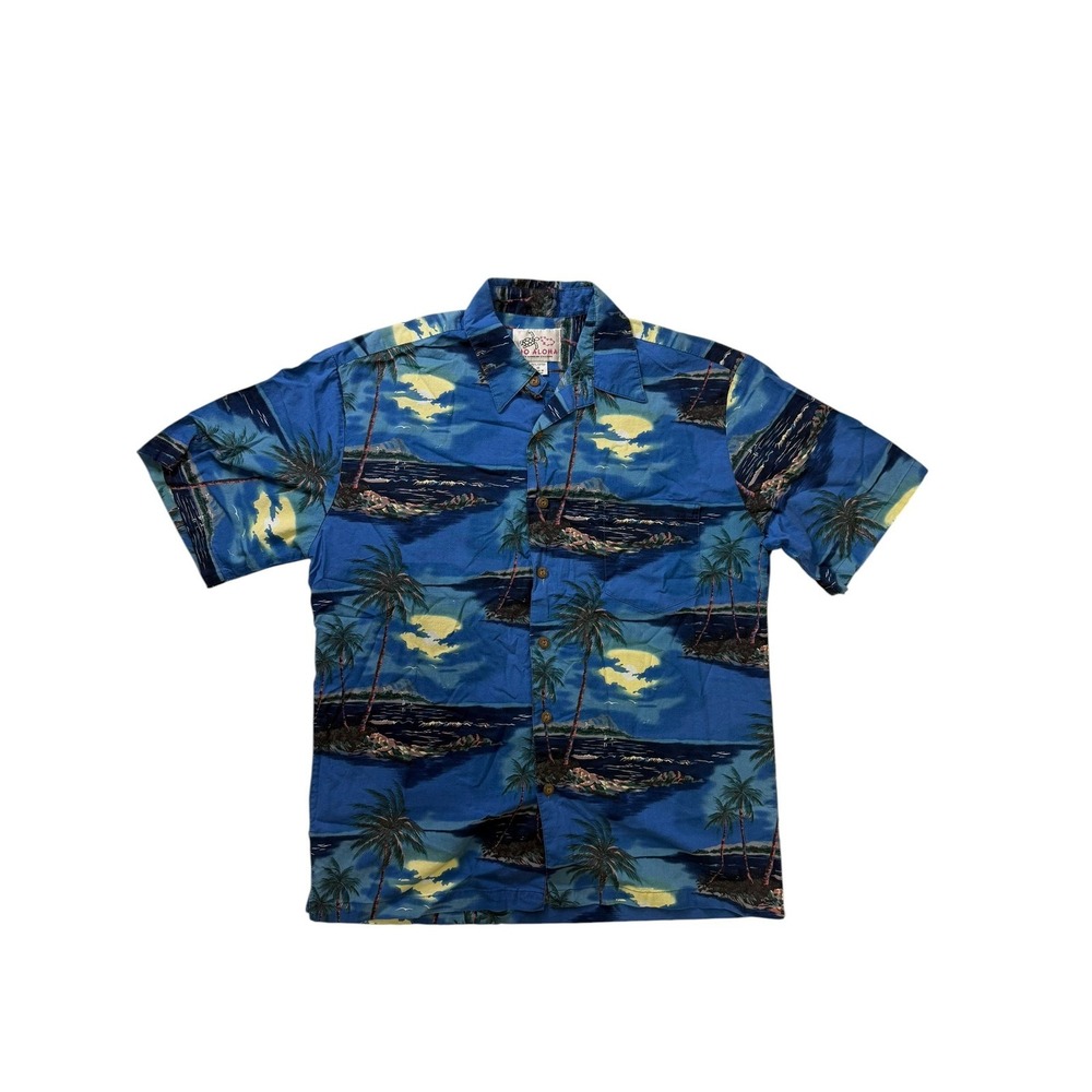 Ho Aloha Hawaiian Exclusive Mens Blue Tropical Palm Tree Moon Cotton Shirt M